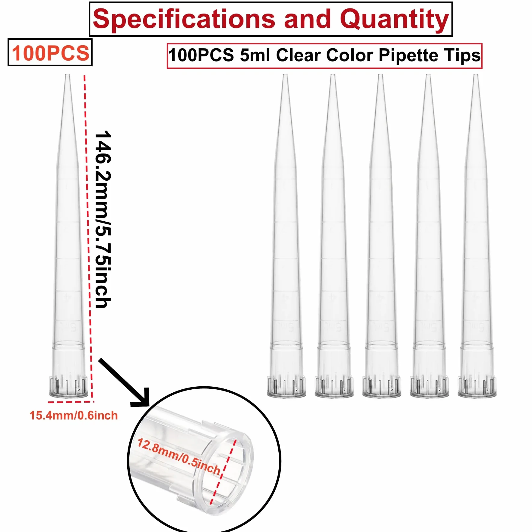 HUAZIZ 100 pezzi Puntali per pipette trasparenti 5000 UL/5 ml Puntali per pipette liquide in plastica universale da laboratorio Polipropilene (PP) autoclavabile