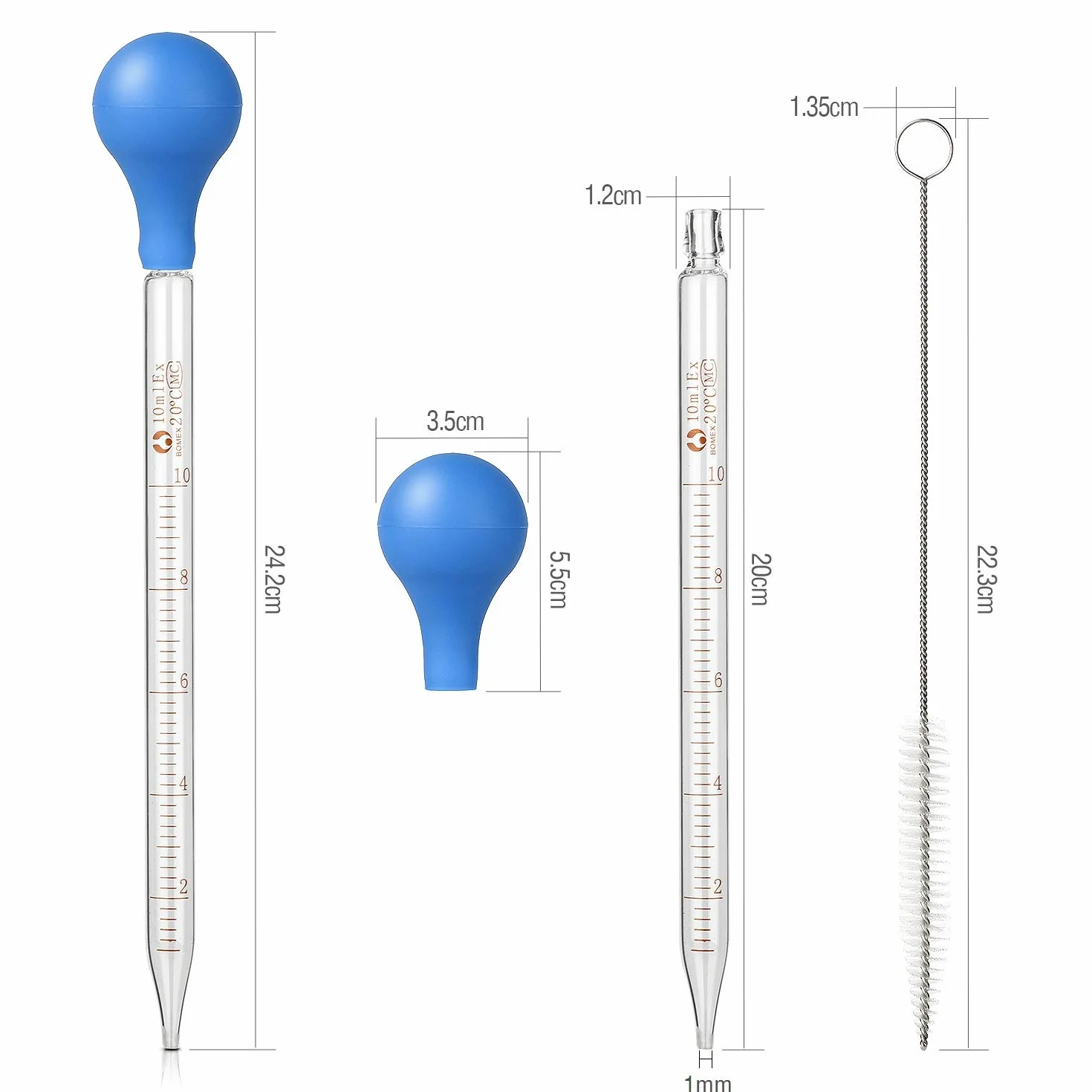 Hyber&Cara 2x pipetta contagocce graduata in vetro da 10 ml con lampadina di aspirazione in gomma + 1x spazzola per la pulizia
